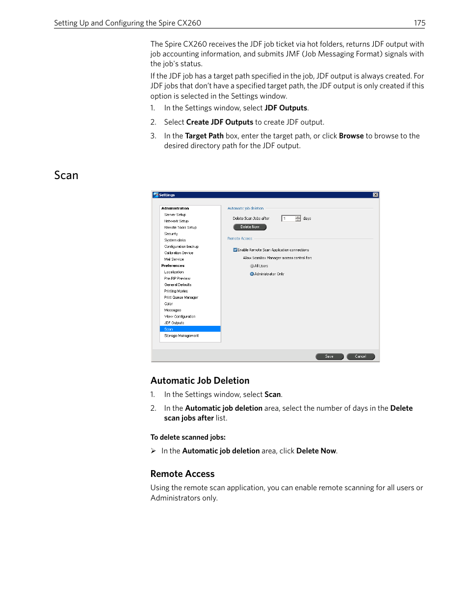 Scan, Automatic job deletion, Remote access | Rmation, see | Xerox 242 User Manual | Page 183 / 262