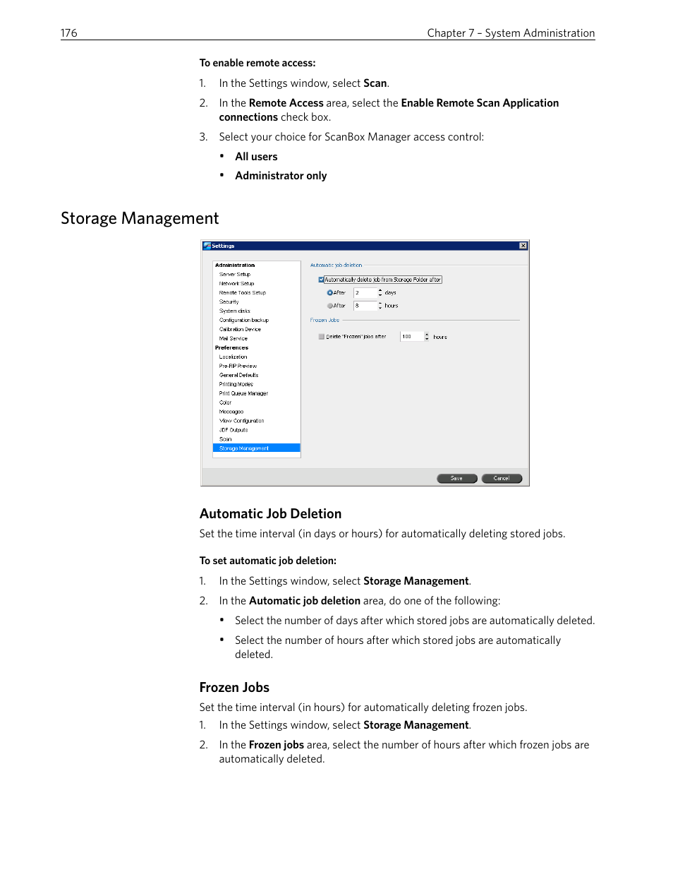 Storage management, Automatic job deletion, Frozen jobs | Xerox 242 User Manual | Page 184 / 262