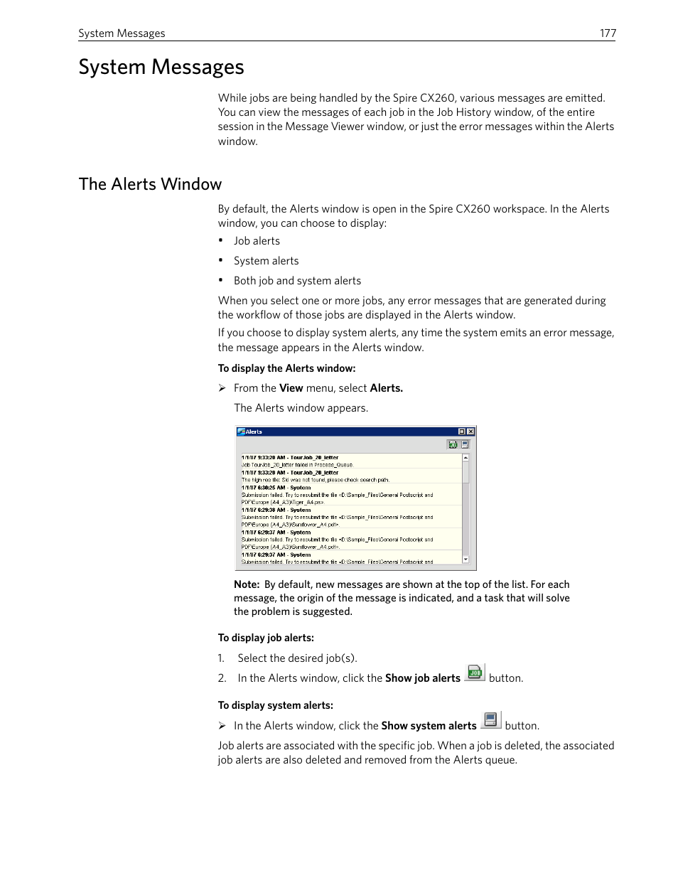 System messages, The alerts window | Xerox 242 User Manual | Page 185 / 262