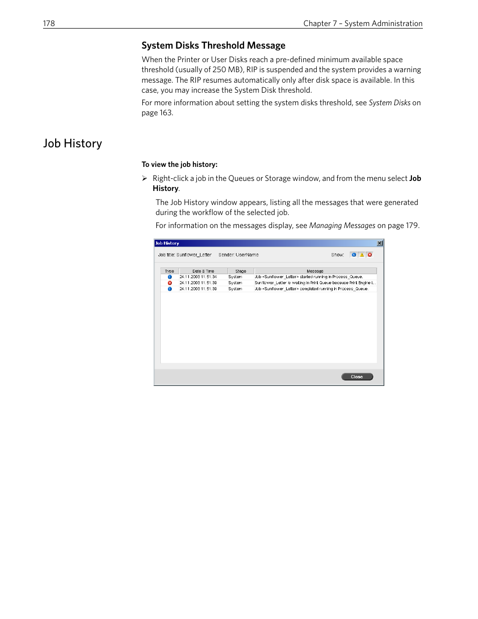 System disks threshold message, Job history | Xerox 242 User Manual | Page 186 / 262