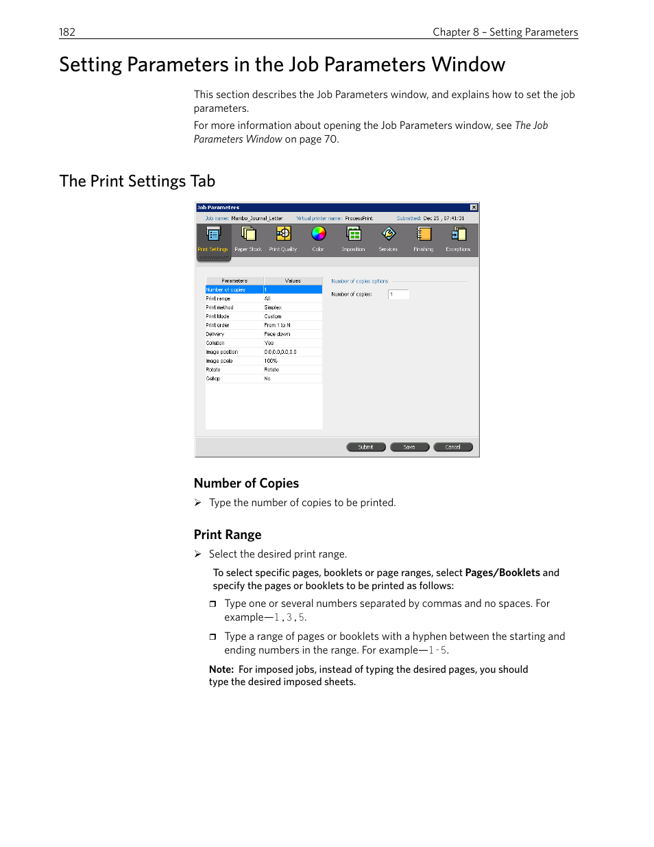 Setting parameters in the job parameters window, The print settings tab, Number of copies | Print range | Xerox 242 User Manual | Page 190 / 262