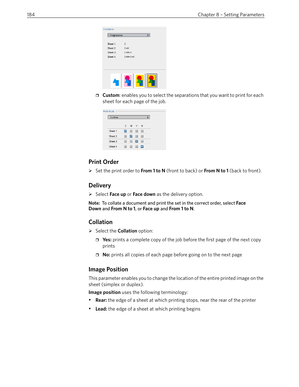 Print order, Delivery, Collation | Image position | Xerox 242 User Manual | Page 192 / 262