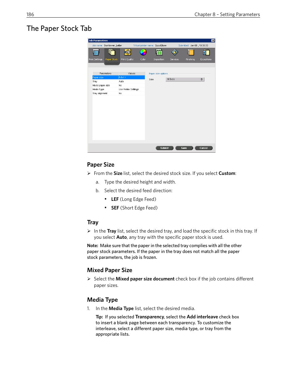 The paper stock tab, Paper size, Tray | Mixed paper size, Media type | Xerox 242 User Manual | Page 194 / 262