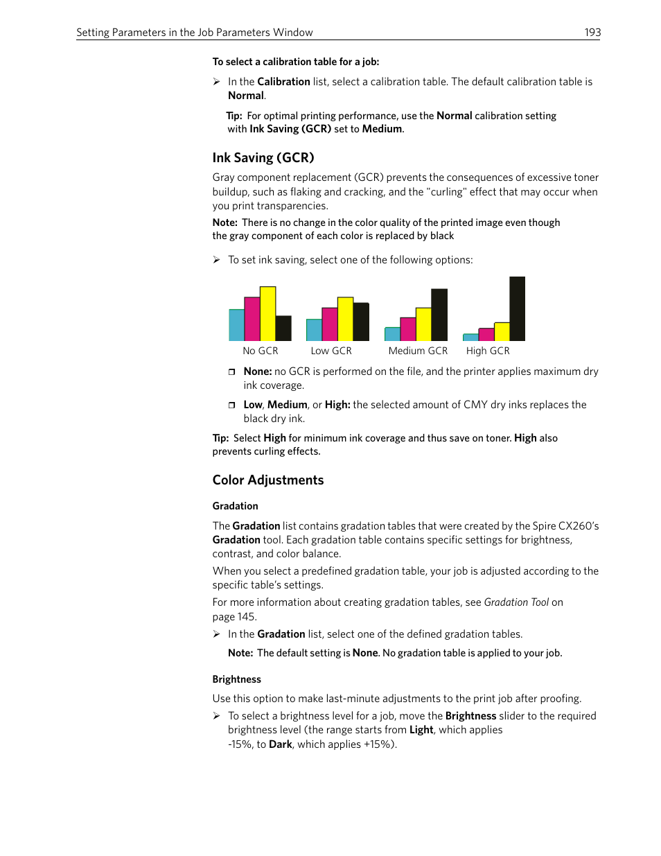 Ink saving (gcr), Color adjustments | Xerox 242 User Manual | Page 201 / 262