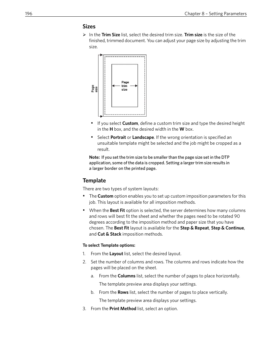 Sizes, Template | Xerox 242 User Manual | Page 204 / 262