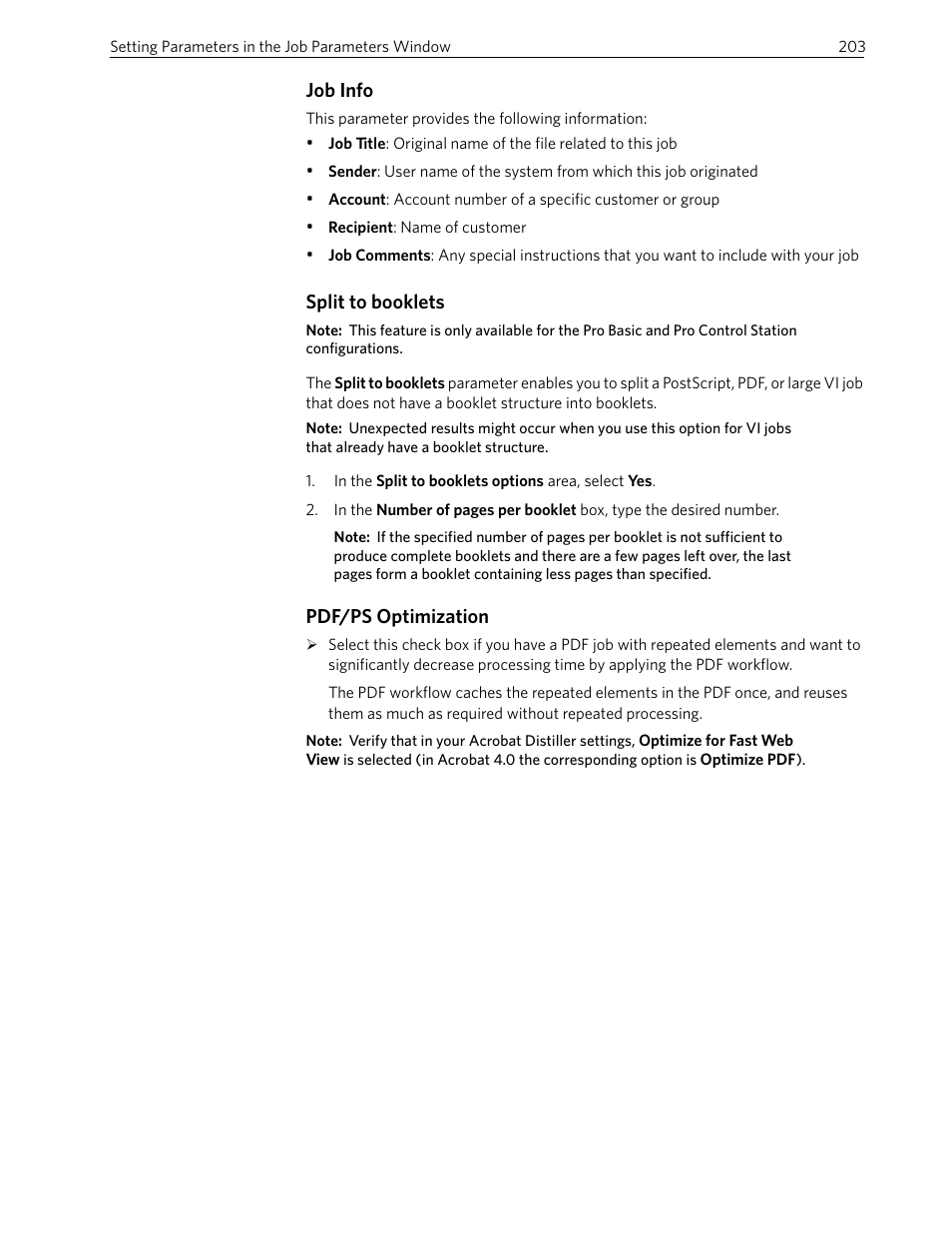 Job info, Split to booklets, Pdf/ps optimization | Xerox 242 User Manual | Page 211 / 262