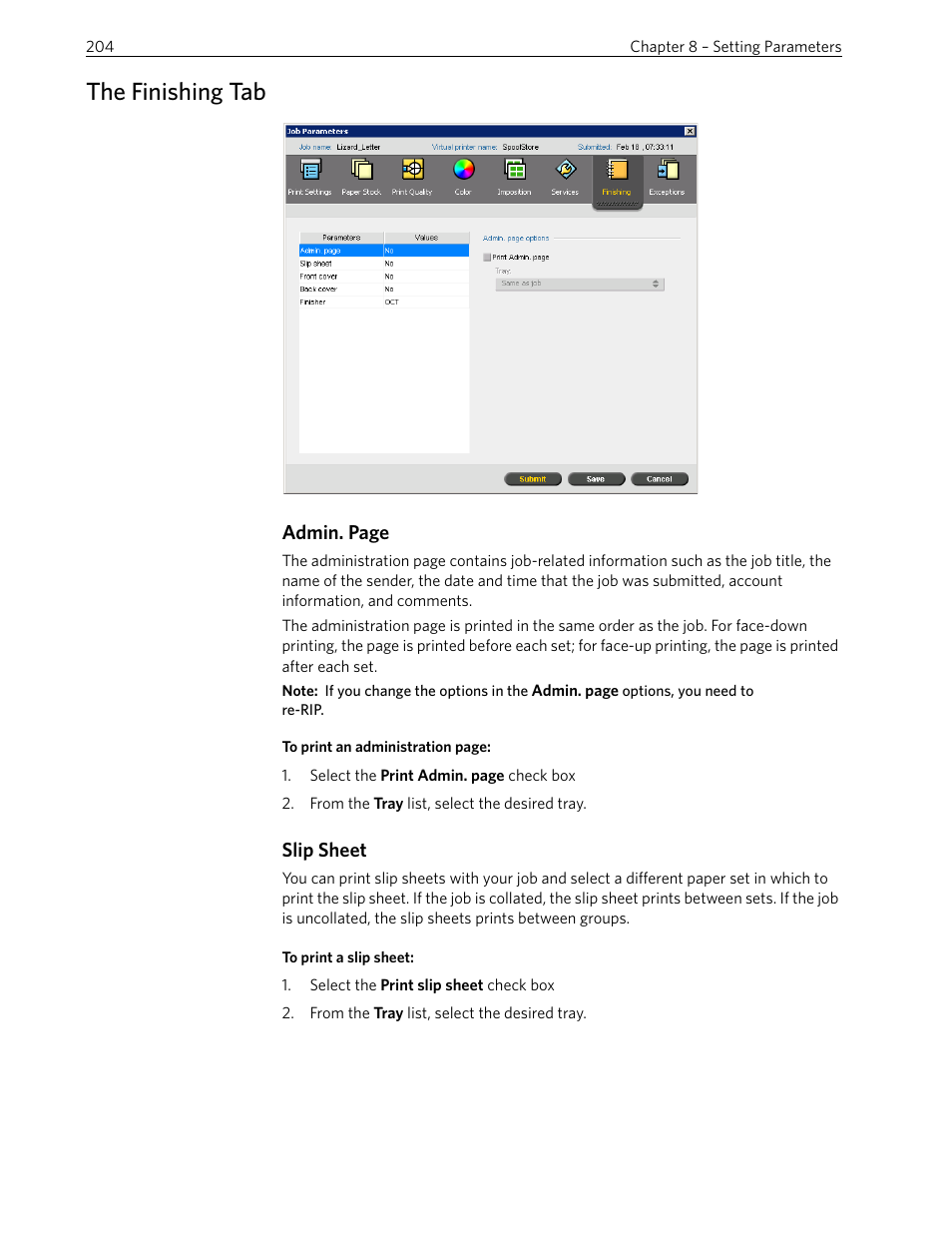 The finishing tab, Slip sheet, Admin. page | Xerox 242 User Manual | Page 212 / 262