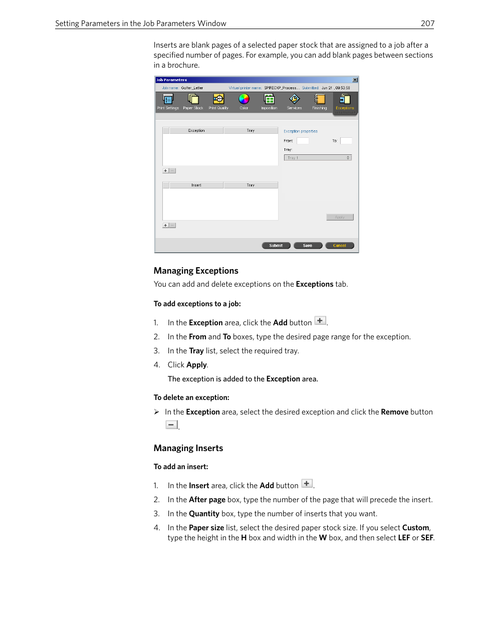 Managing exceptions, Managing inserts | Xerox 242 User Manual | Page 215 / 262