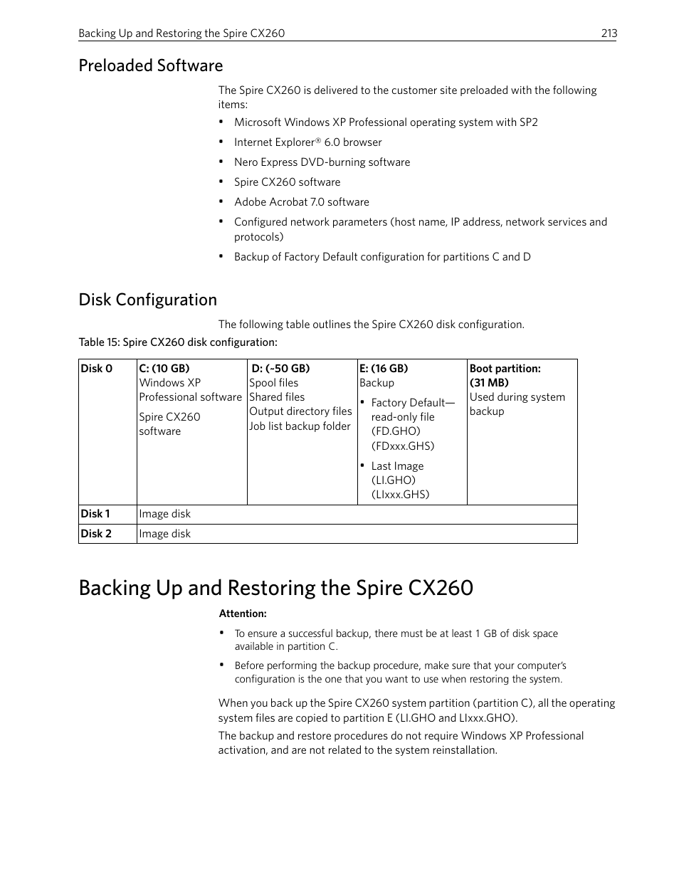 Preloaded software, Disk configuration, Backing up and restoring the spire cx260 | Preloaded software disk configuration | Xerox 242 User Manual | Page 221 / 262