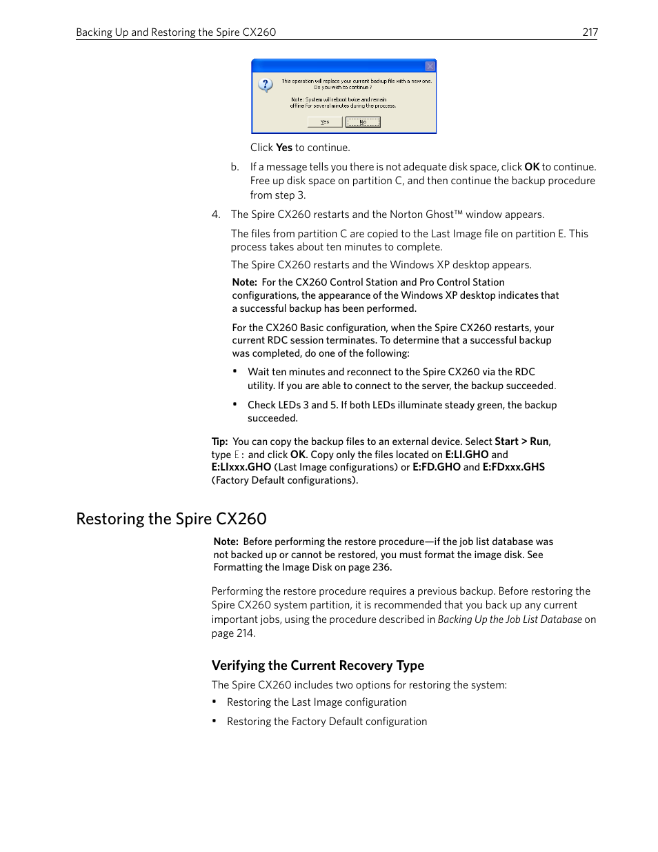 Restoring the spire cx260, Verifying the current recovery t ype | Xerox 242 User Manual | Page 225 / 262