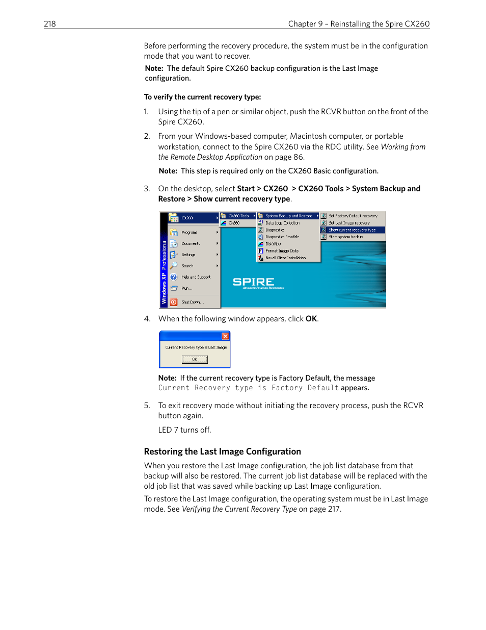 Verifying the current recovery type, Restoring the last image configuration | Xerox 242 User Manual | Page 226 / 262