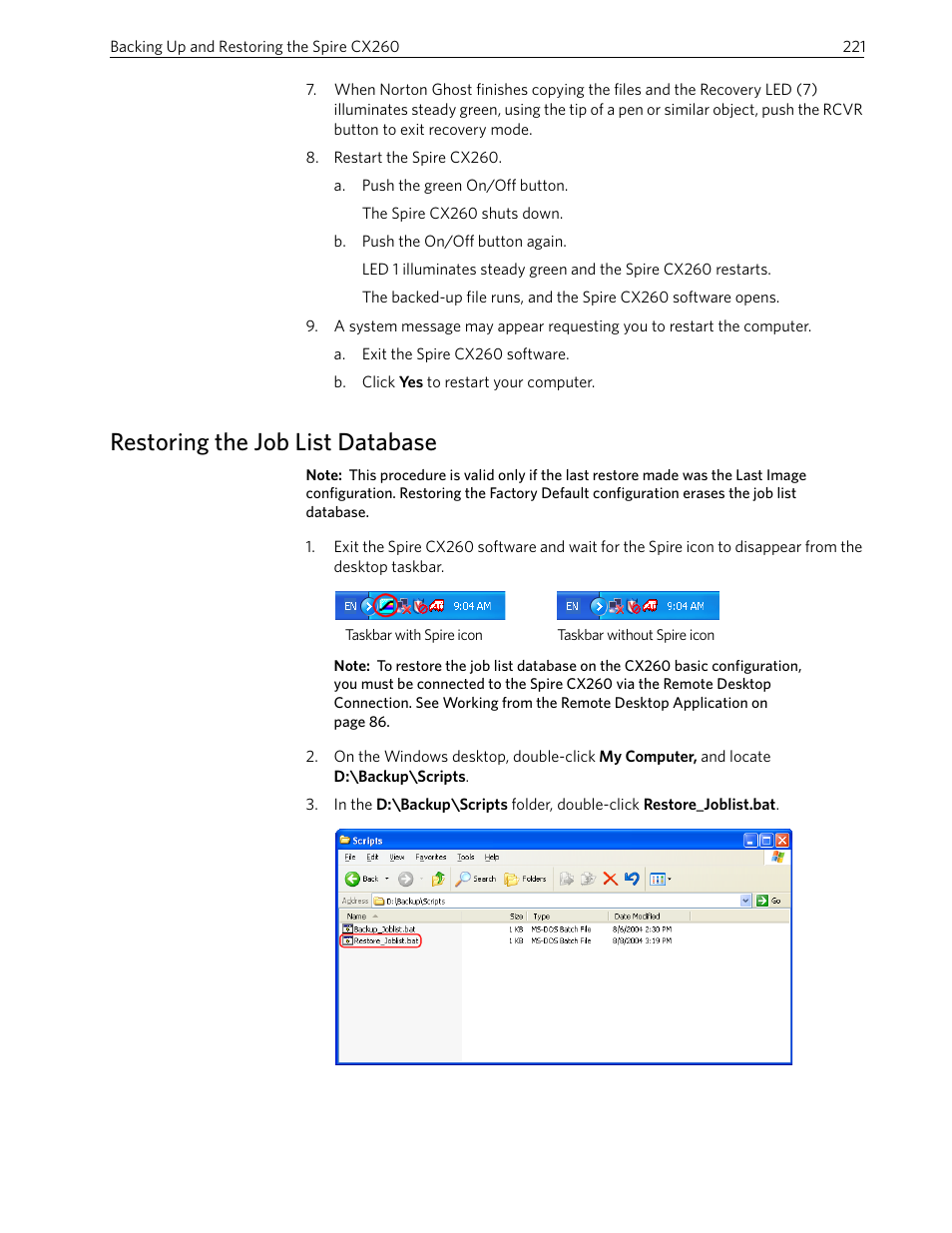 Restoring the job list database | Xerox 242 User Manual | Page 229 / 262