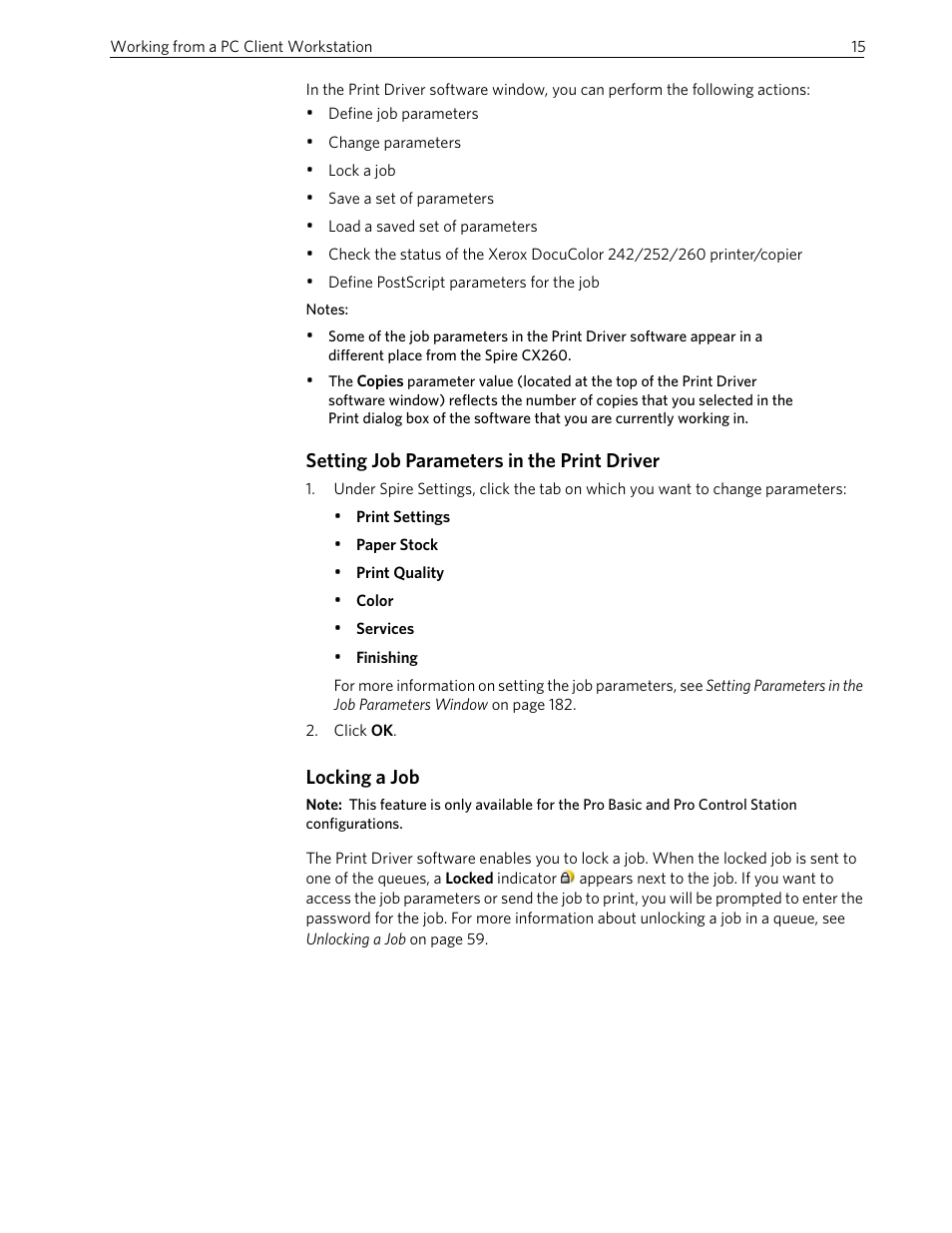 Setting job parameters in the print driver, Locking a job | Xerox 242 User Manual | Page 23 / 262