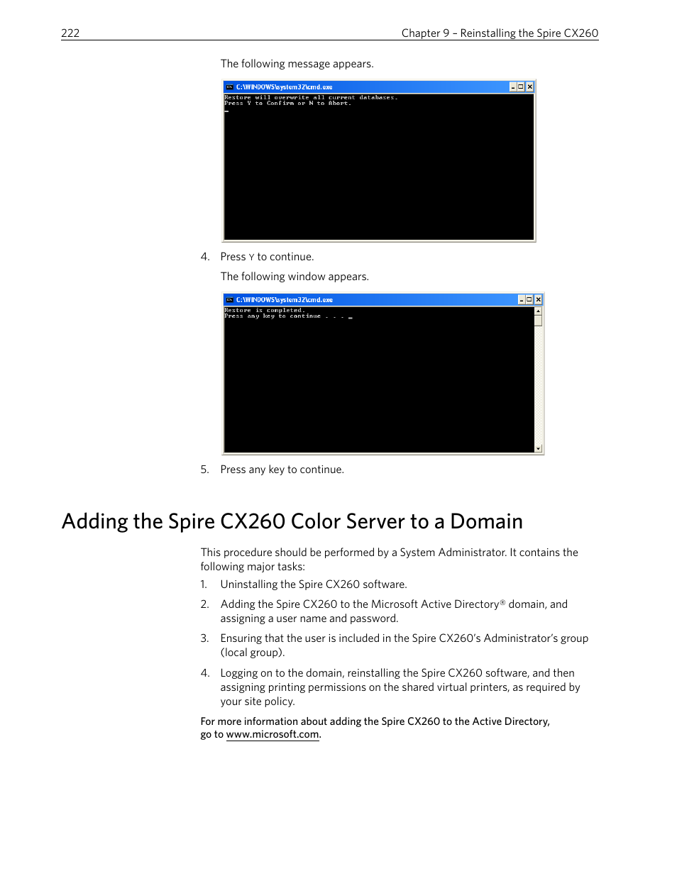 Adding the spire cx260 color server to a domain | Xerox 242 User Manual | Page 230 / 262