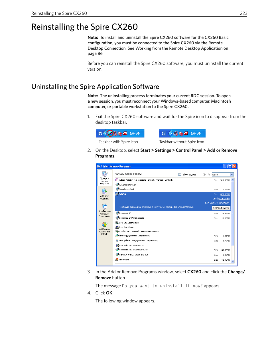 Reinstalling the spire cx260, Uninstalling the spire application software | Xerox 242 User Manual | Page 231 / 262