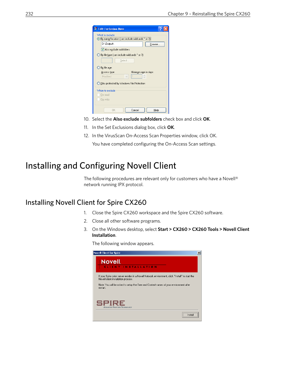 Installing and configuring novell client, Installing novell client for spire cx260 | Xerox 242 User Manual | Page 240 / 262