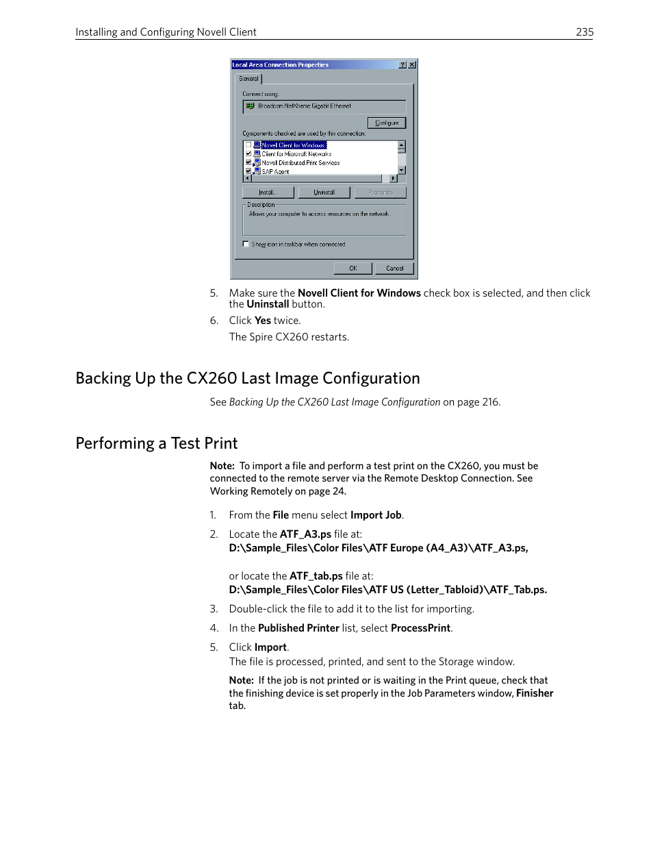 Backing up the cx260 last image configuration, Performing a test print | Xerox 242 User Manual | Page 243 / 262