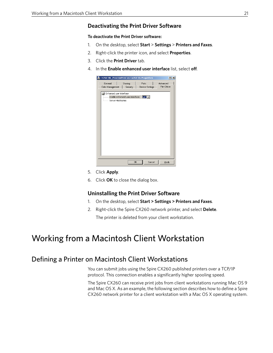 Deactivating the print driver software, Uninstalling the print driver software, Working from a macintosh client workstation | Xerox 242 User Manual | Page 29 / 262