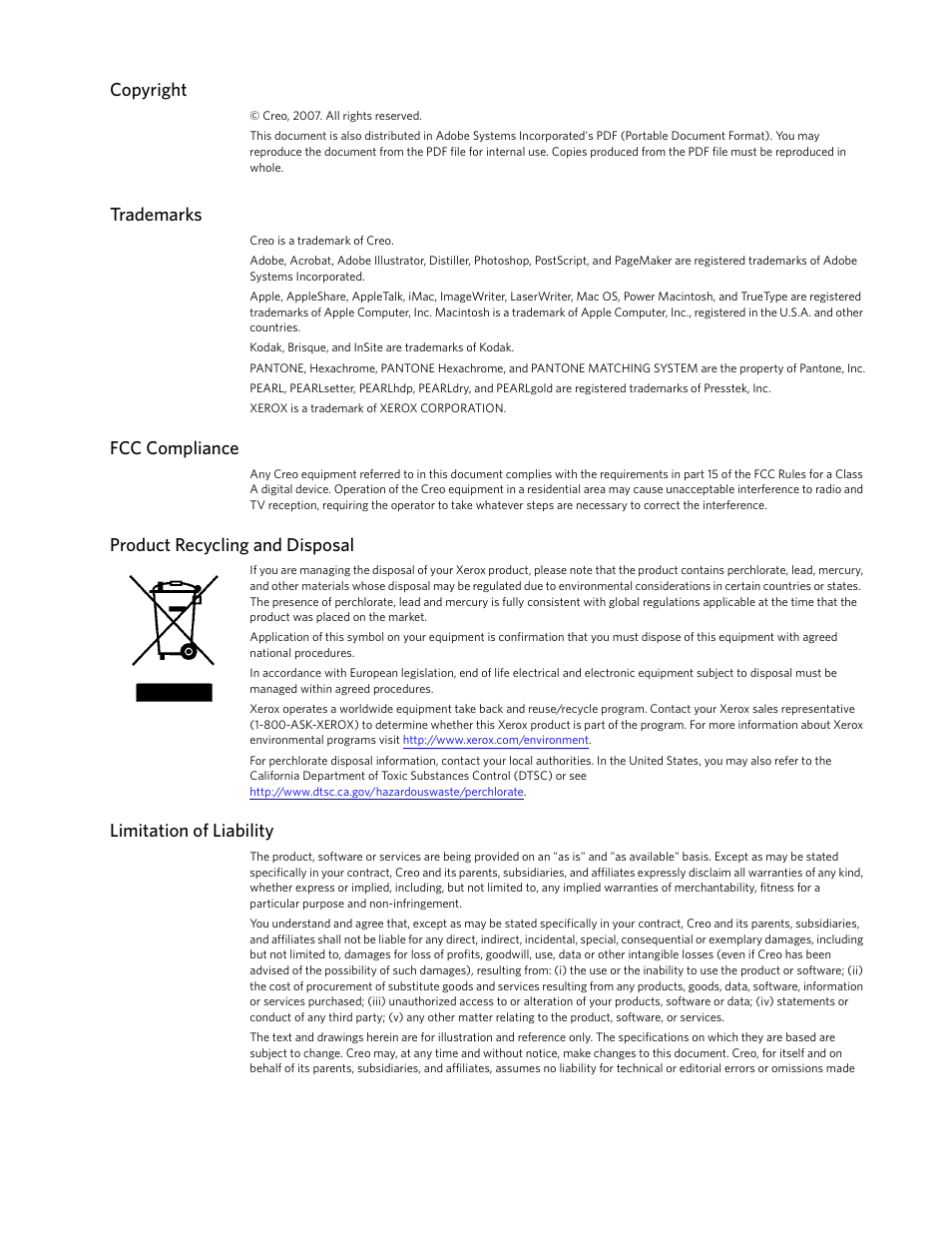 Copyright, Trademarks, Fcc compliance | Product recycling and disposal, Limitation of liability | Xerox 242 User Manual | Page 3 / 262