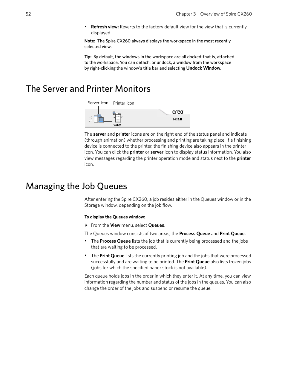 The server and printer monitors, Managing the job queues | Xerox 242 User Manual | Page 60 / 262