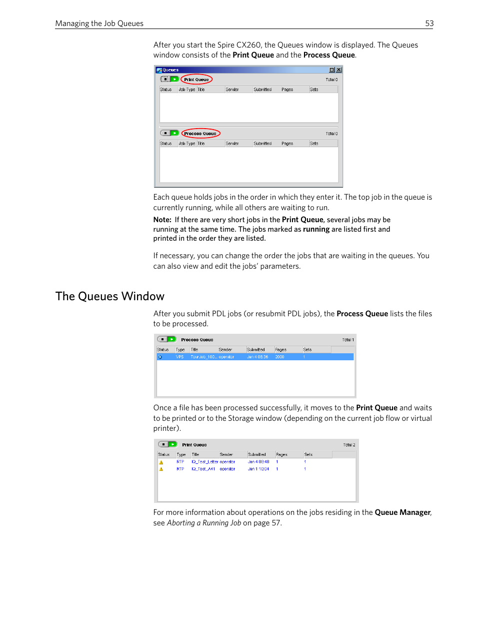 The queues window | Xerox 242 User Manual | Page 61 / 262