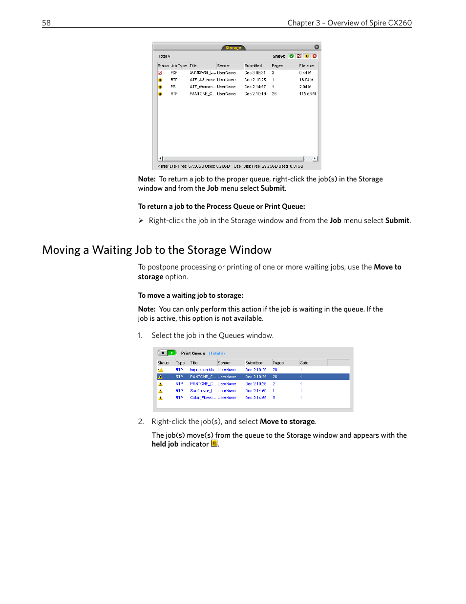 Moving a waiting job to the storage window | Xerox 242 User Manual | Page 66 / 262