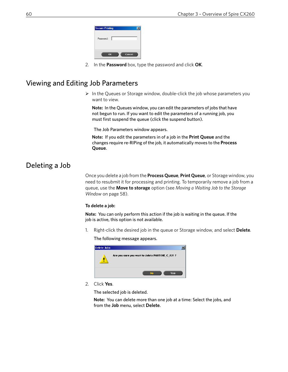 Viewing and editing job parameters, Deleting a job, Viewing and editing job parameters deleting a job | Xerox 242 User Manual | Page 68 / 262