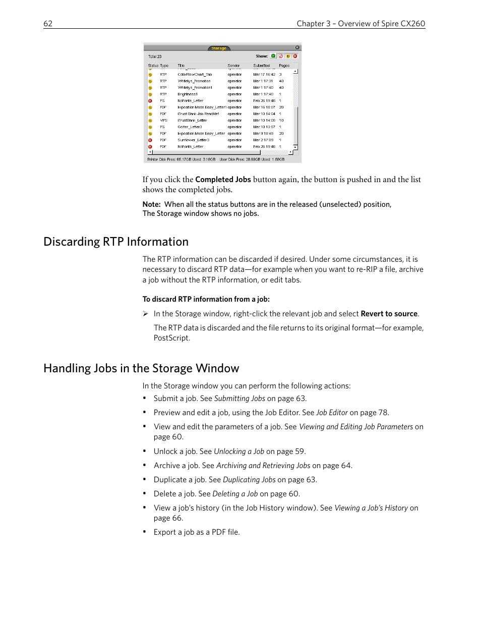 Discarding rtp information, Handling jobs in the storage window | Xerox 242 User Manual | Page 70 / 262