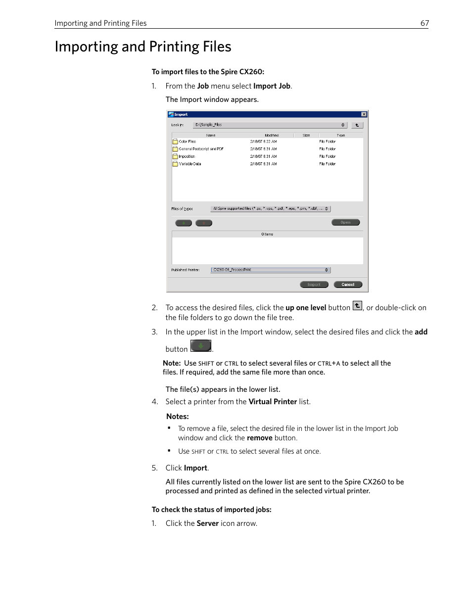 Importing and printing files | Xerox 242 User Manual | Page 75 / 262