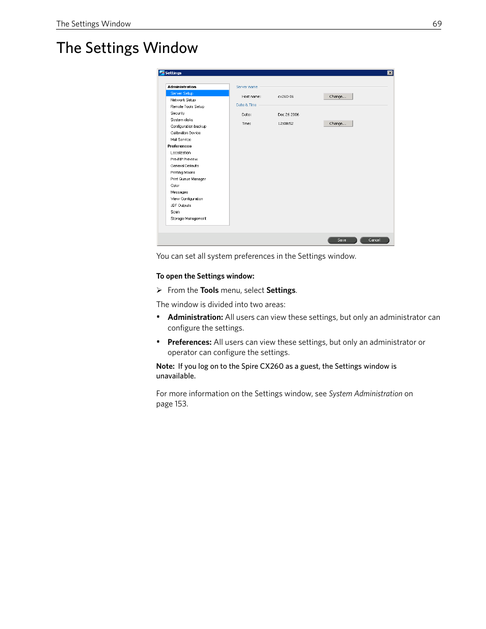 The settings window | Xerox 242 User Manual | Page 77 / 262