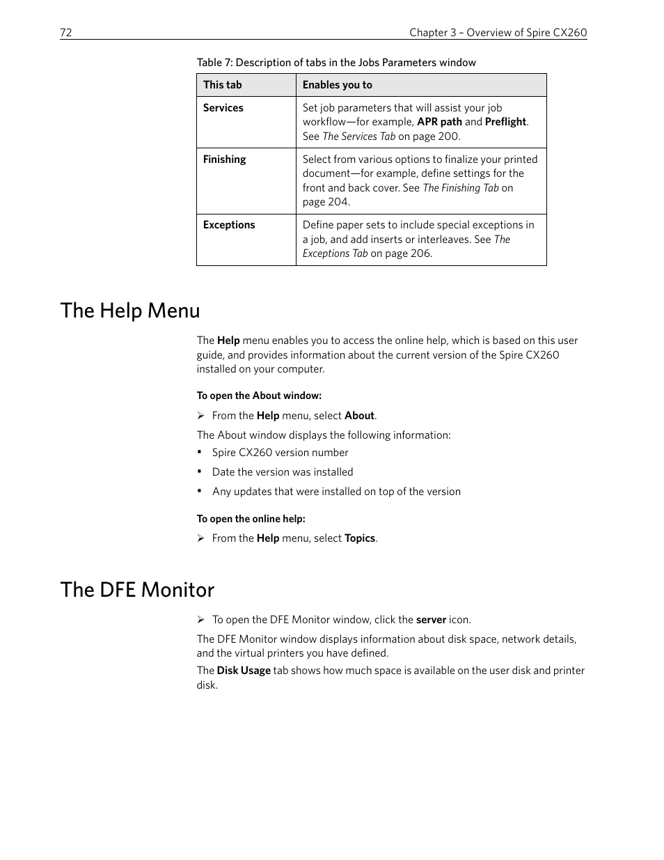 The help menu, The dfe monitor, The help menu the dfe monitor | Xerox 242 User Manual | Page 80 / 262