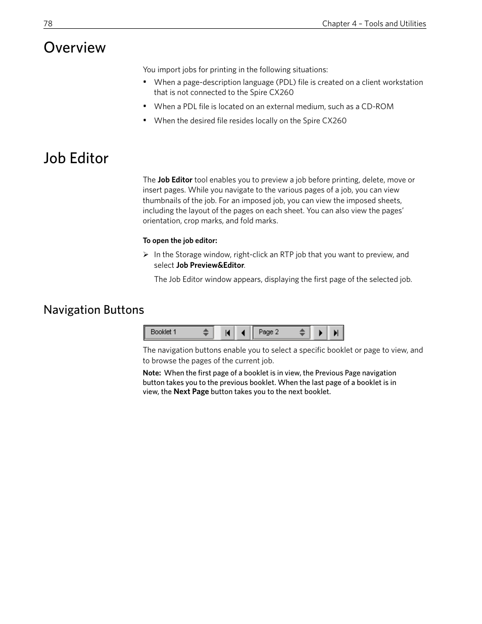 Overview, Job editor, Navigation buttons | Overview job editor | Xerox 242 User Manual | Page 86 / 262