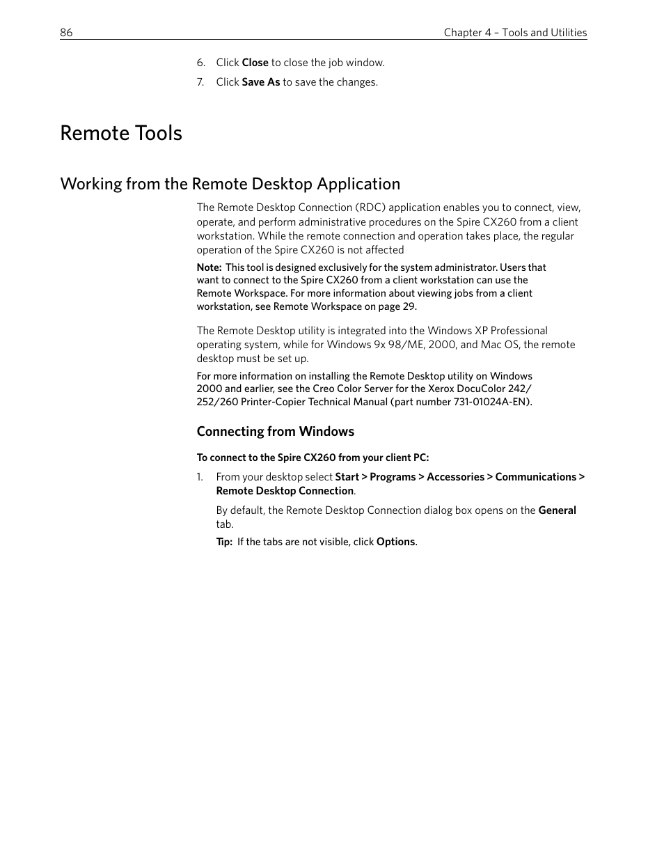 Remote tools, Working from the remote desktop application, Connecting from windows | Xerox 242 User Manual | Page 94 / 262