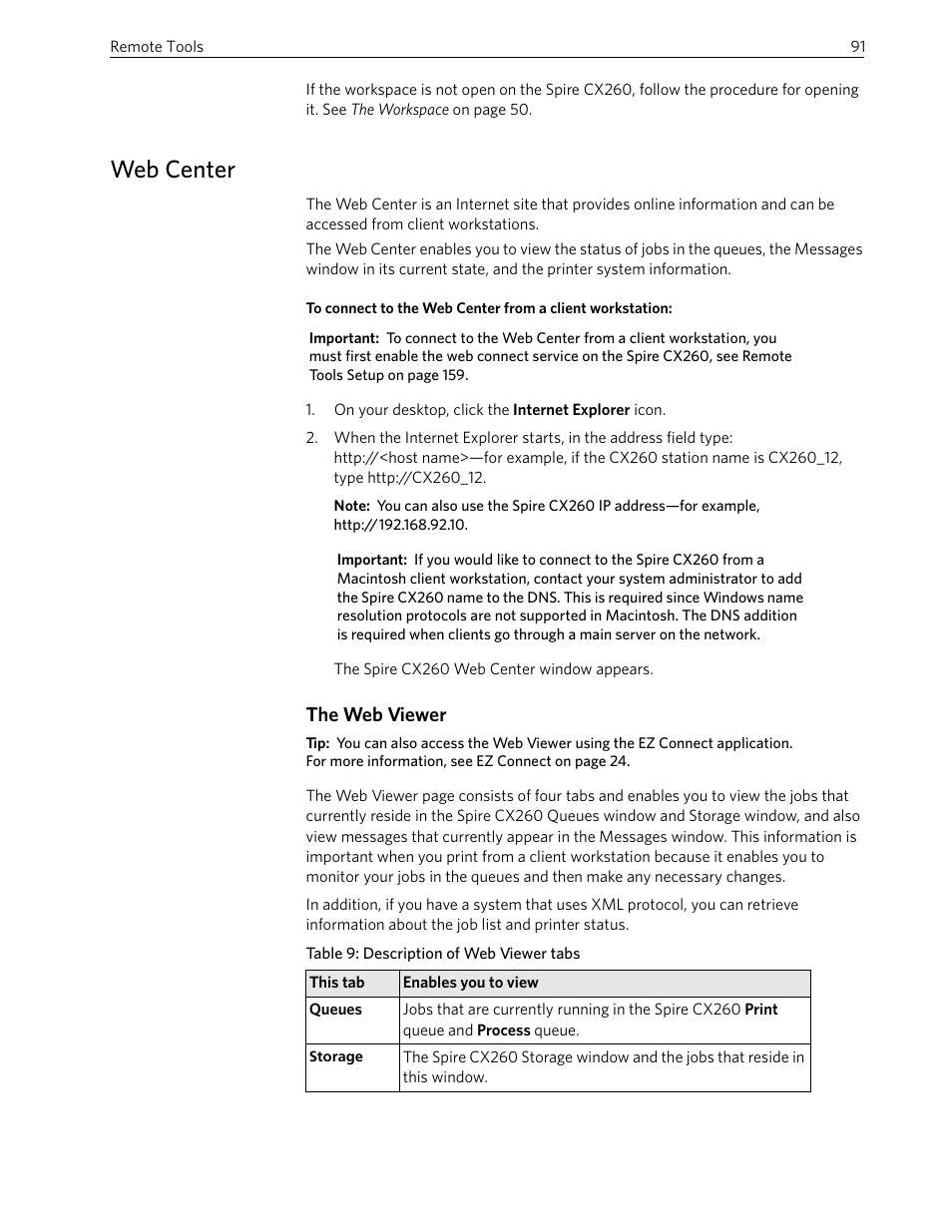 Web center, The web viewer | Xerox 242 User Manual | Page 99 / 262