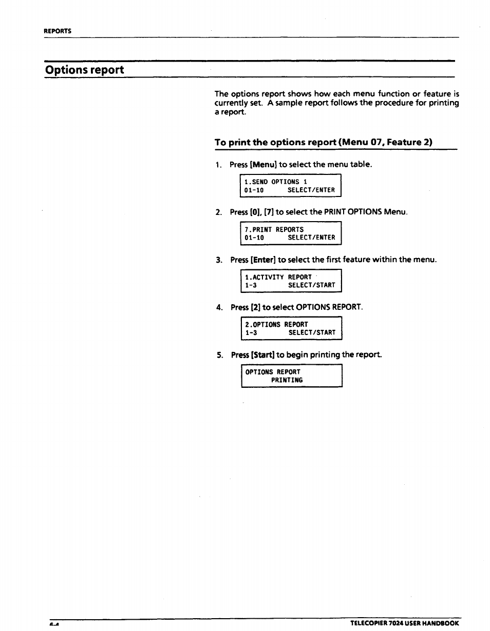 Options report, To print the options report (menu 07, feature 2), Options report -4 | Xerox 7024 User Manual | Page 104 / 164