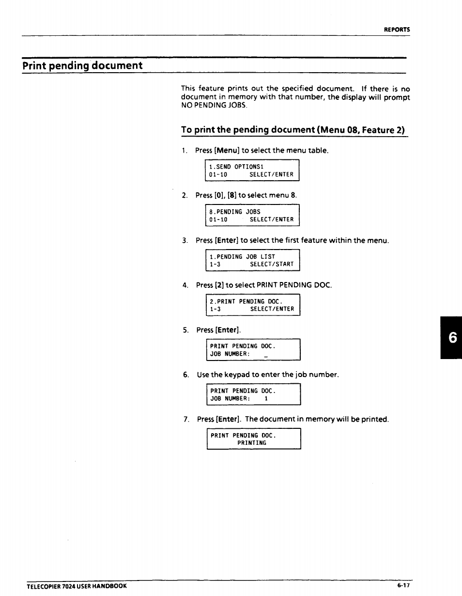 Print pending document, To print the pending document (menu 08, feature 2), Print pending document -17 | Xerox 7024 User Manual | Page 117 / 164