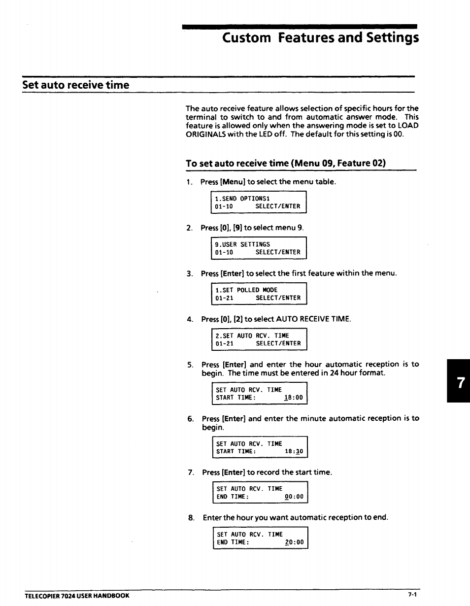 Set auto receive time, Custom featuresand settings, To set auto receive time (menu 09, feature 02) | Set auto receive time -1, To set auto receive time (menu 09, feature 02) -1 | Xerox 7024 User Manual | Page 119 / 164