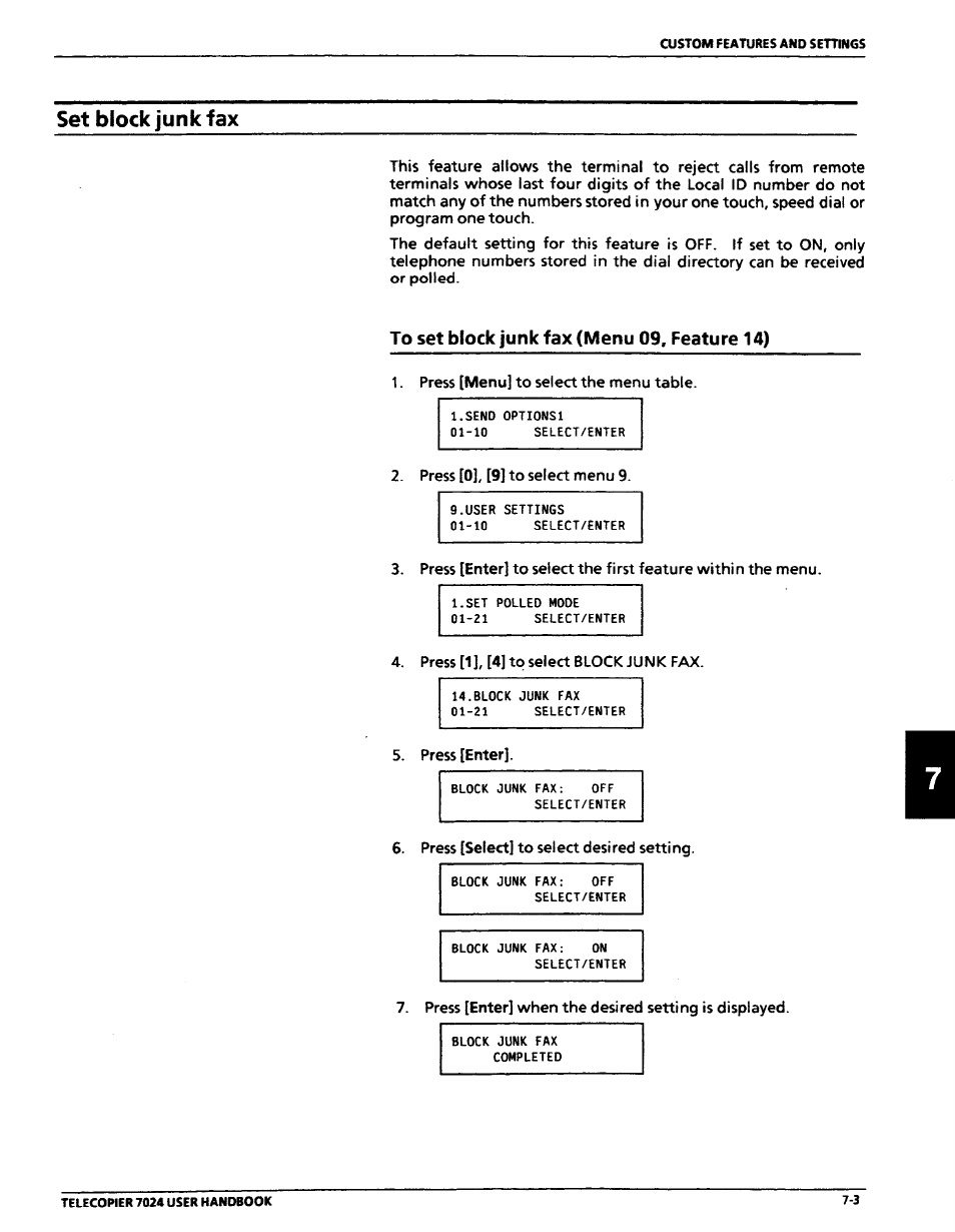 Set block junk fax, To set block junk fax (menu 09, feature 14), Set block junk fax -3 | To set block junk fax (menu 09, feature 14) -3 | Xerox 7024 User Manual | Page 121 / 164