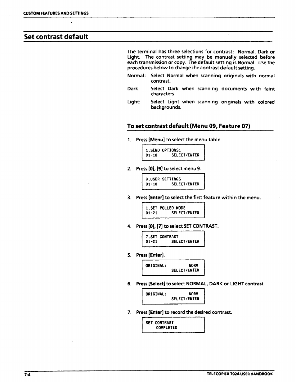 Set contrast default, To set contrast default (menu 09, feature 07), Set contrast default -4 | To set contrast default (menu 09, feature 07) -4 | Xerox 7024 User Manual | Page 122 / 164
