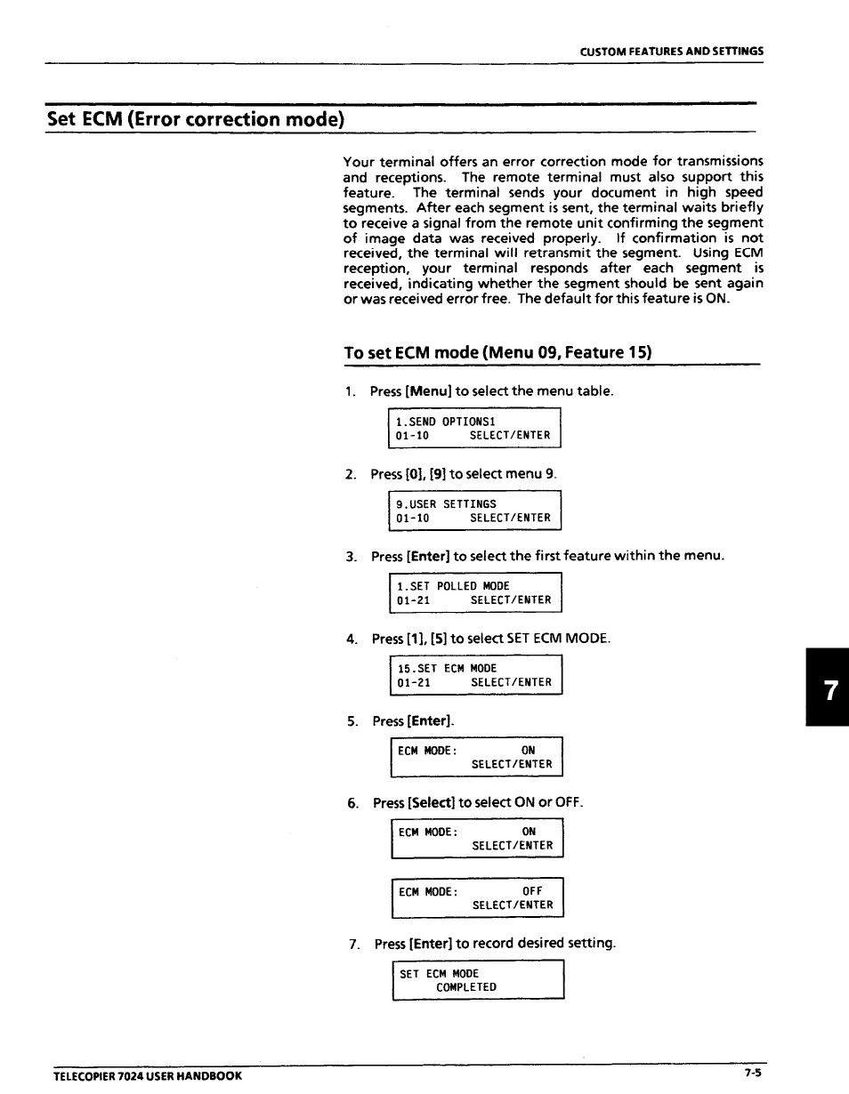 Set ecm (error correction mode), To set ecm mode (menu 09, feature 15), Set ecm (error correction mode) -5 | To set ecm mode (menu 09, feature 15) -5 | Xerox 7024 User Manual | Page 123 / 164