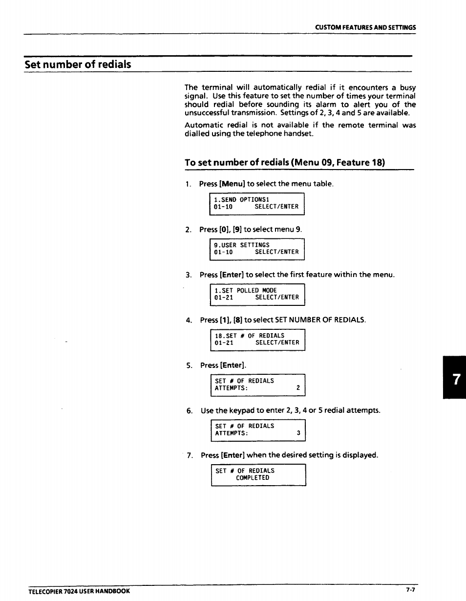 Set number of redials, To set number of redials (menu 09, feature 18), Set number of redials -7 | Tosetnumberof redials (menu 09, feature 18) -7 | Xerox 7024 User Manual | Page 125 / 164