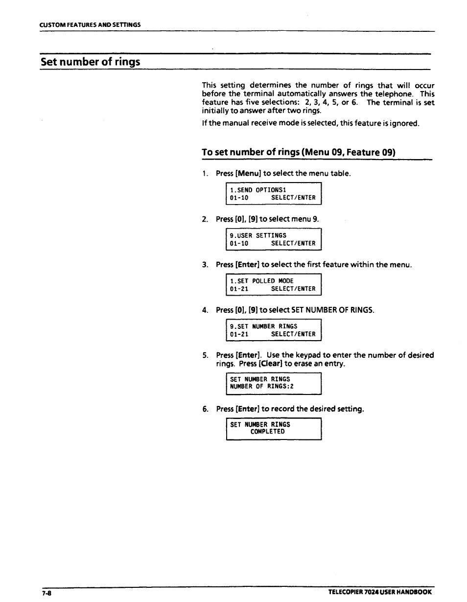 Set number of rings, To set number of rings (menu 09, feature 09), Set number of rings -8 | To set number of rings (menu 09, feature 09) -8 | Xerox 7024 User Manual | Page 126 / 164