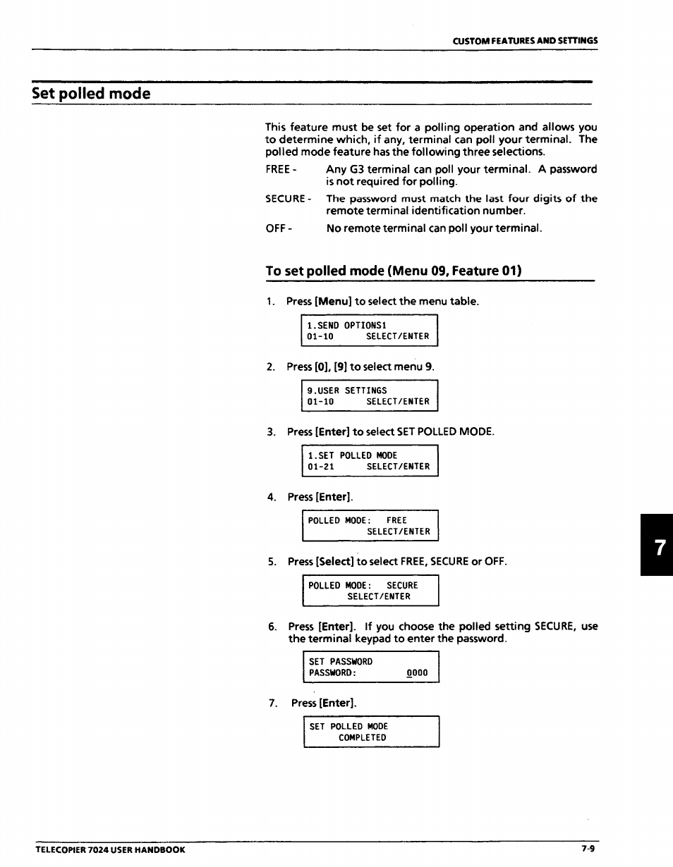 Set polled mode, To set polled mode (menu 09, feature 01), Set polled mode -9 | To set polled mode (menu 09, feature 01) -9 | Xerox 7024 User Manual | Page 127 / 164