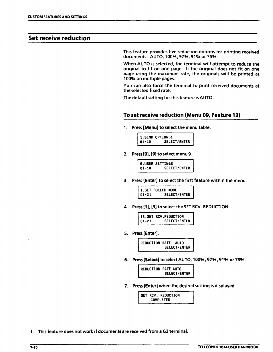Set receive reduction, To set receive reduction (menu 09, feature 13), Set receive reduction -10 | To set receive reduction (menu 09, feature 13) -10 | Xerox 7024 User Manual | Page 128 / 164