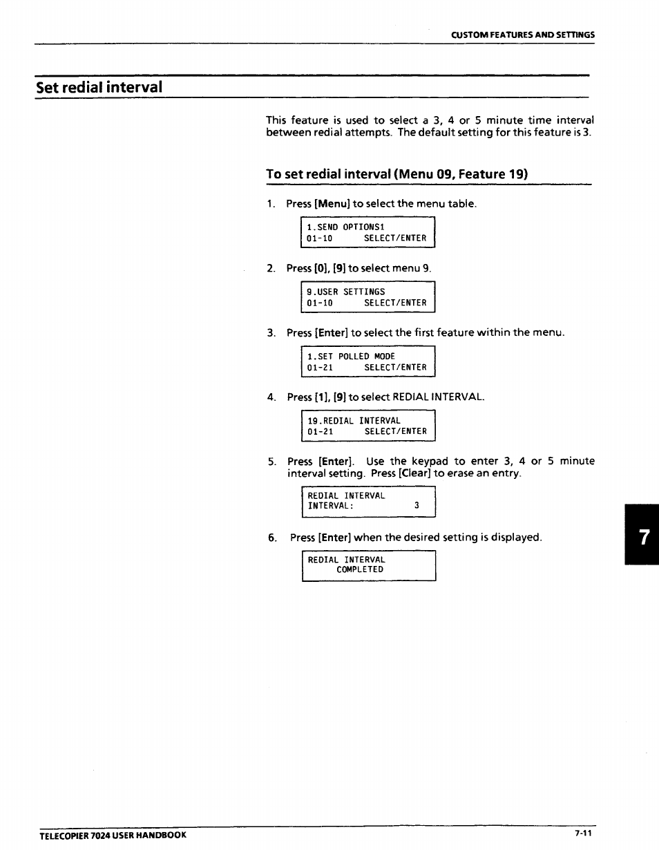 Set redial interval, To set redial interval (menu 09, feature 19, Set redial interval -11 | To set redial interval (menu 09, feature 19) -11 | Xerox 7024 User Manual | Page 129 / 164