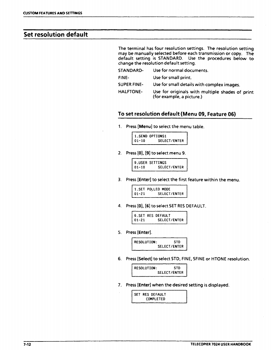 Set resolution default, To set resolution default (menu 09, feature 06), Set resolution default -12 | Xerox 7024 User Manual | Page 130 / 164