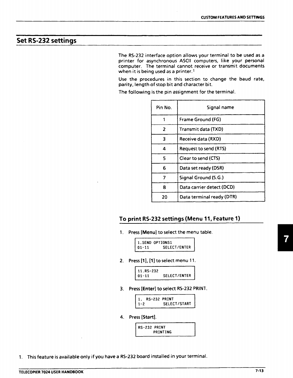 Set rs-232 settings, To print rs-232 settings (menu 11, feature 1), Set rs-232 settings -13 | To print rs-232 settings (menu 11, feature 1) -13 | Xerox 7024 User Manual | Page 131 / 164