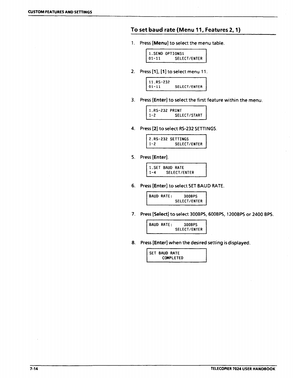 To set baud rate (menu 11, features 2,1), To set baud rate (menu 11, features 2,1) -14 | Xerox 7024 User Manual | Page 132 / 164