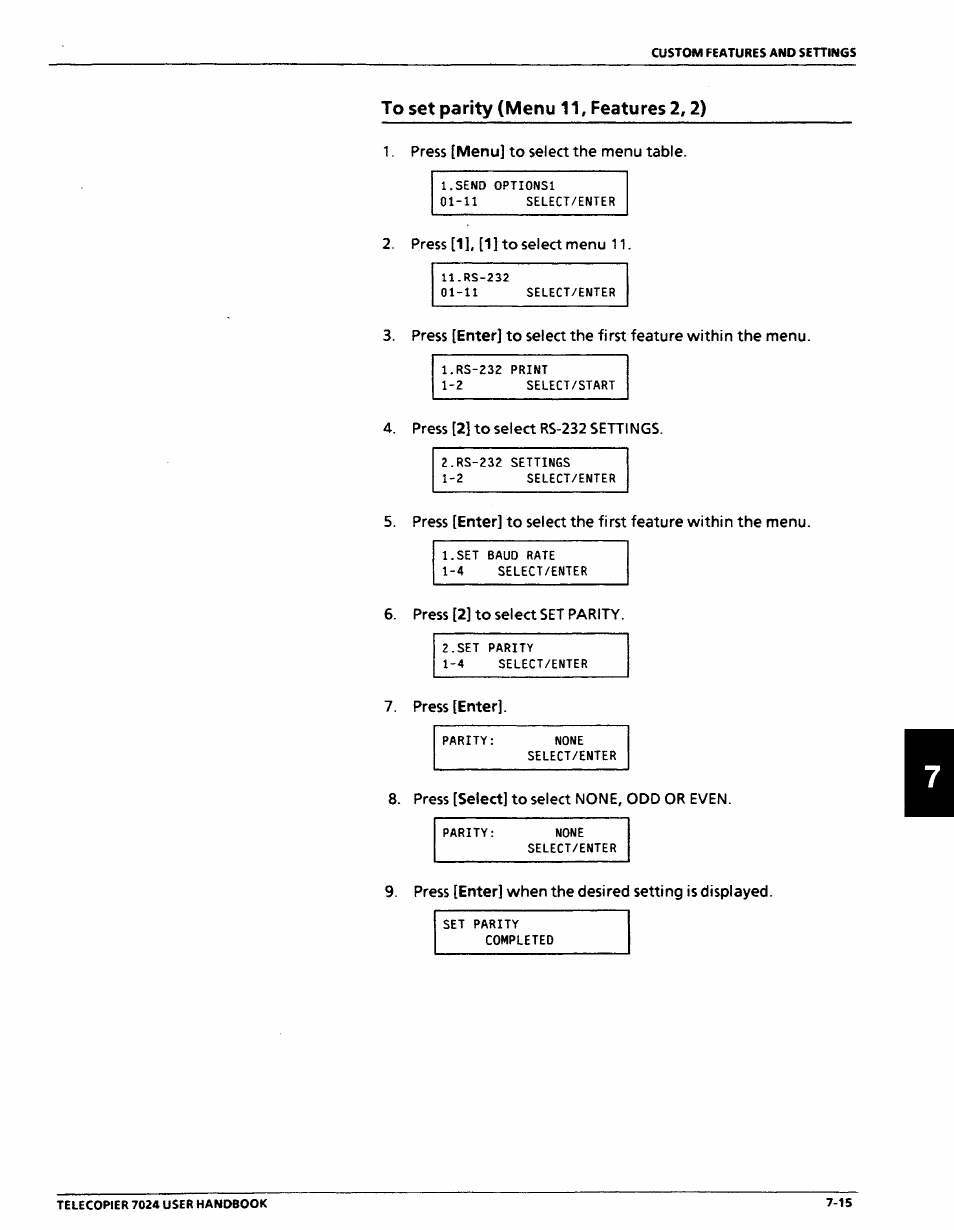 To set parity (menu 11, features 2,2), To set parity (menu 11, features 2,2) -15 | Xerox 7024 User Manual | Page 133 / 164