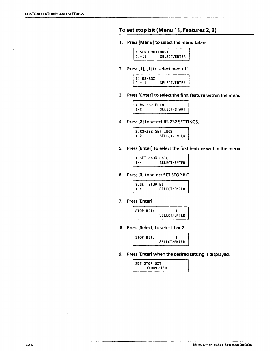 To set stop bit (menu 11, features 2,3), To set stop bit (menu 11, features 2,3) -16 | Xerox 7024 User Manual | Page 134 / 164